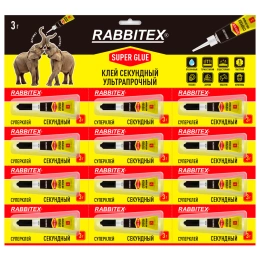 Клей секундный суперклей УЛЬТРАПРОЧНЫЙ, отрывная мультикарта 12 шт., 3 г, RABBITEX (РАББИТЕКС) "ДВА СЛОНА", 609810