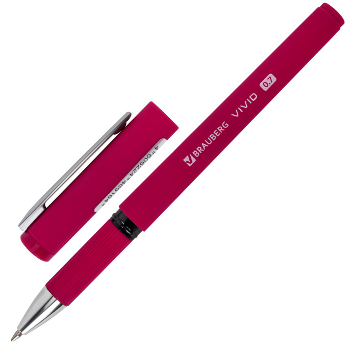 Ручка шариковая с грипом BRAUBERG "VIVID", СИНЯЯ, SOFT TOUCH покрытие, узел 0,7 мм, линия письма 0,35 мм, 144396