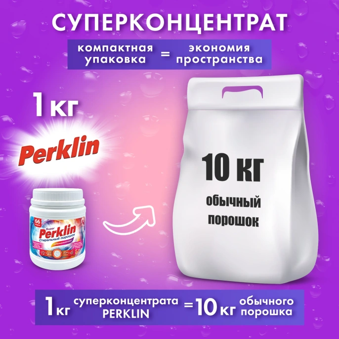 Стиральный порошок суперконцентрат 66 стирок, с пятновыводителем, 1 кг, PERKLIN (ПЕРКЛИН) SUPER, мерная ложка, 609773