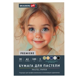 Бумага для пастели АБРАЗИВНАЯ А3 в папке, 20 листов, 5 цветов, 240 г/м2, BRAUBERG ART, 117764