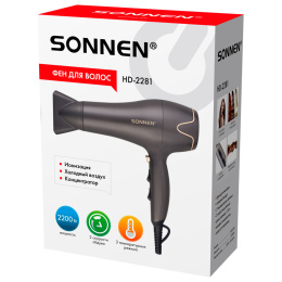 Фен для волос SONNEN HD-2281, 2200 Вт, холодный воздух, турмалиновая ионизация, 3 температуры 454696