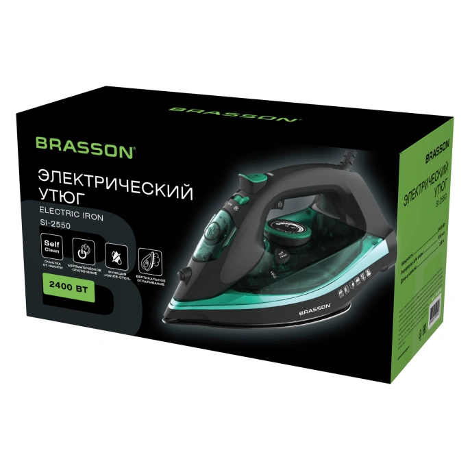 Утюг паровой BRASSON (БРАССОН) SI-2550, 2400Вт, керамика, автоотключение, антикапля, ШНУР 2,8м, самоочистка, графит/бирюзовый, 458309