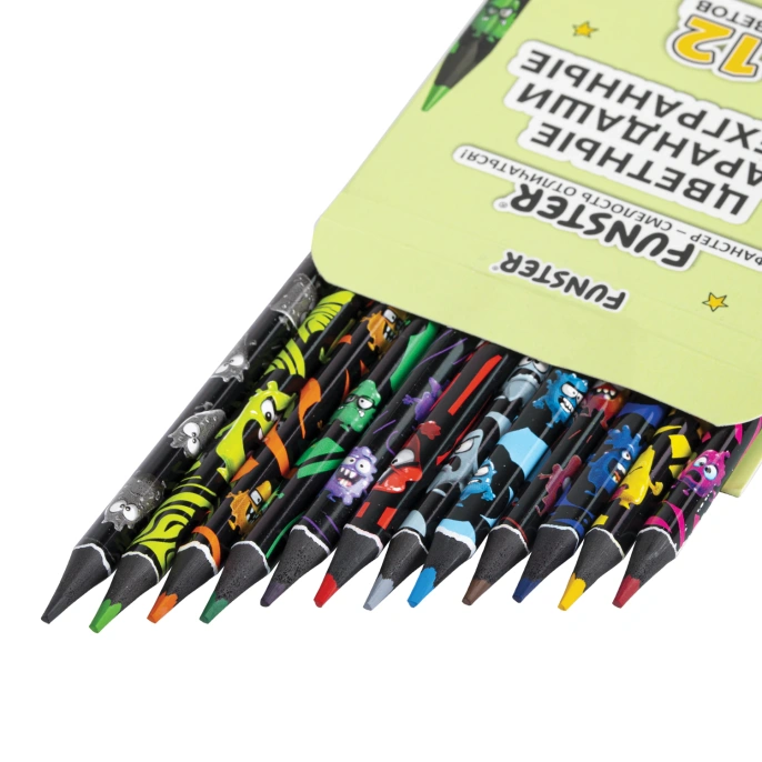 Карандаши цветные FUNSTER (ФАНСТЕР) МОНСТРИКИ, 12 цветов, черный корпус с принтом, трехгранные, 182065