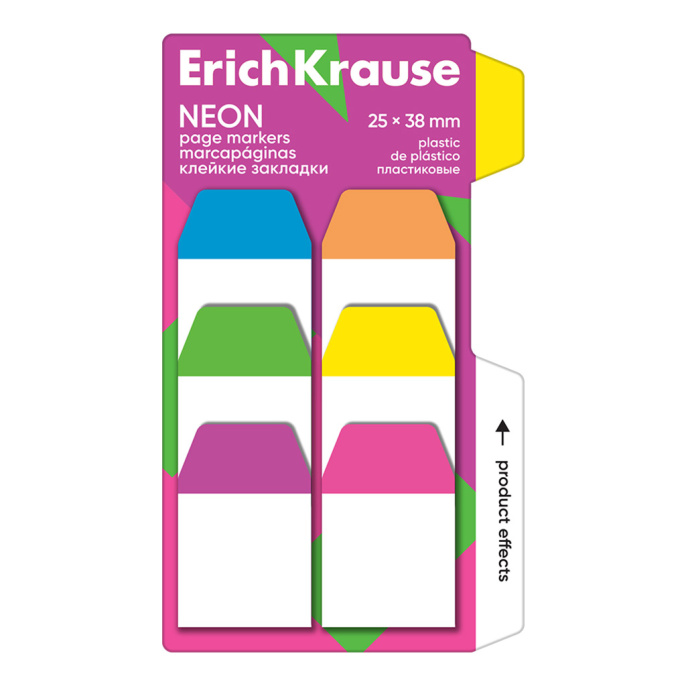 Клейкие закладки пластиковые ErichKrause Неон, 25X38 мм, 60 листов, 6 цветов