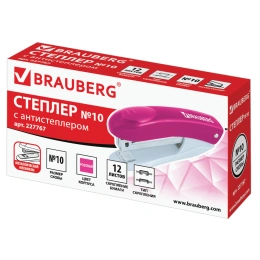 Степлер №10 BRAUBERG "Original", до 12 листов, с антистеплером, розовый, 227767