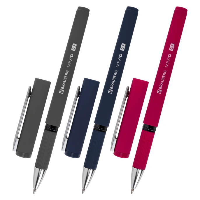 Ручки шариковые с грипом BRAUBERG "VIVID", НАБОР 3 ШТУКИ, СИНИЕ, SOFT TOUCH покрытие, узел 0,7 мм, линия письма 0,35 мм, 144401