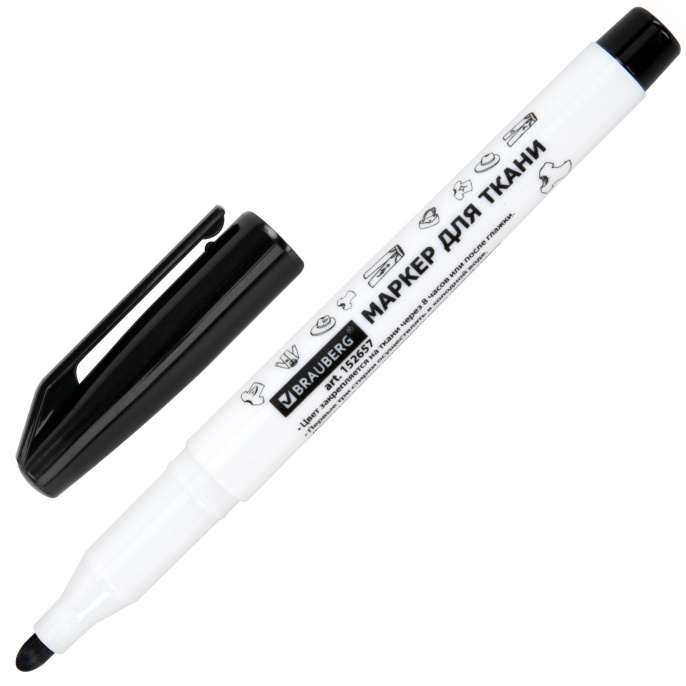 Маркер для ткани ЧЕРНЫЙ, TEXTILE MARKER, несмываемый, круглый наконечник 1-3 мм, BRAUBERG, 152657