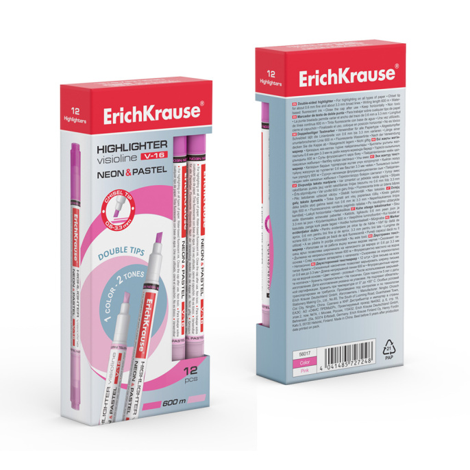 Двухсторонний маркер для выделения текста ErichKrause VisioLine® V-16 Неон и пастель, цвет чернил розовый (в коробке по 12 шт.)