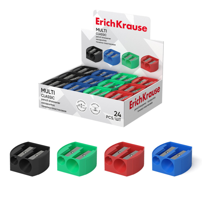 Точилка пластиковая ErichKrause Мульти, Классика, двойная, ассорти (в коробке-дисплее по 24 шт)