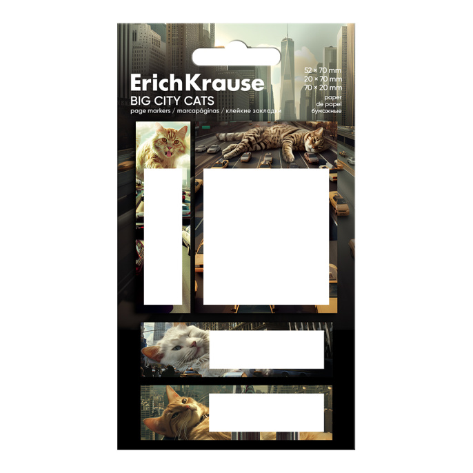 Клейкие закладки бумажные ErichKrause Коты большого города, 70X52 мм, 20X70 мм, 70X20 мм, 80 листов
