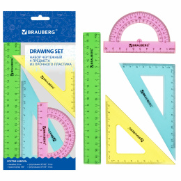 Brauberg "Crystal" орташа сызбалық жиынтығы (20 см сызғыш, 2 шаршы, транспортир), түсті, 210296