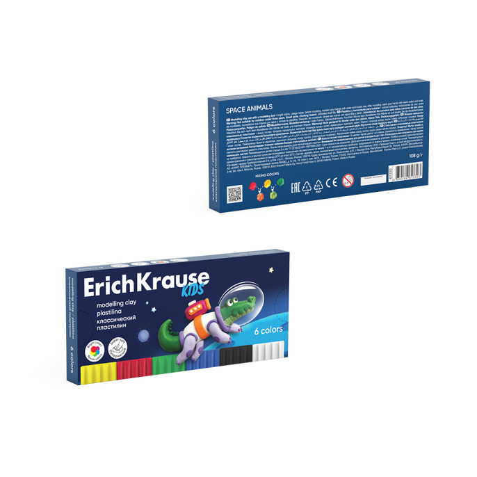 Пластилин классический ErichKrause для детей Звери в космосе 6 цветов со стеком, 108 г (в коробке 6 шт)