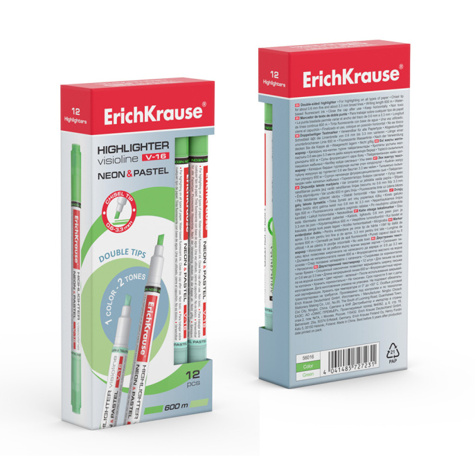 Двухсторонний маркер для выделения текста ErichKrause VisioLine® V-16 Неон и пастель, цвет чернил зеленый (в коробке по 12 шт.)