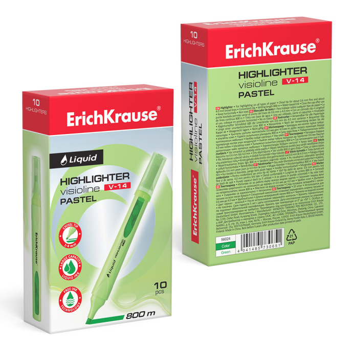 Маркер для выделения текста с жидкими чернилами ErichKrause VisioLine® V-14 Пастель, цвет чернил зеленый (в коробке по 10 шт.)