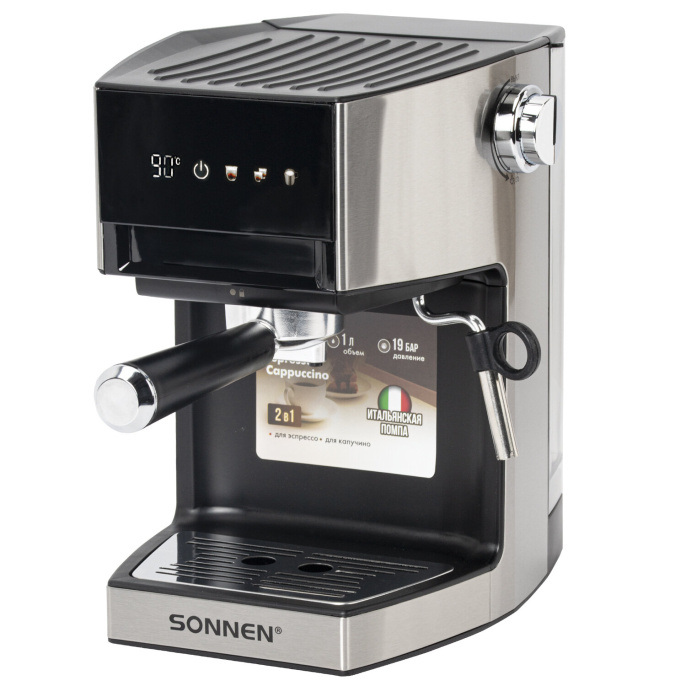 Кофеварка рожковая с дисплеем SONNEN CM-2066, ручной капучинатор, сенсор, 1 л, 950 Вт, 19 бар, 457882