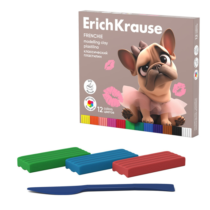 Пластилин классический ErichKrause Френч 12 цветов со стеком, 192 г (в коробке 12 шт)