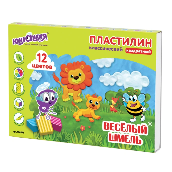 Пластилин классический ЮНЛАНДИЯ "ВЕСЁЛЫЙ ШМЕЛЬ", 12 цветов, 204 г, СО СТЕКОМ, КВАДРАТНЫЙ, 104823