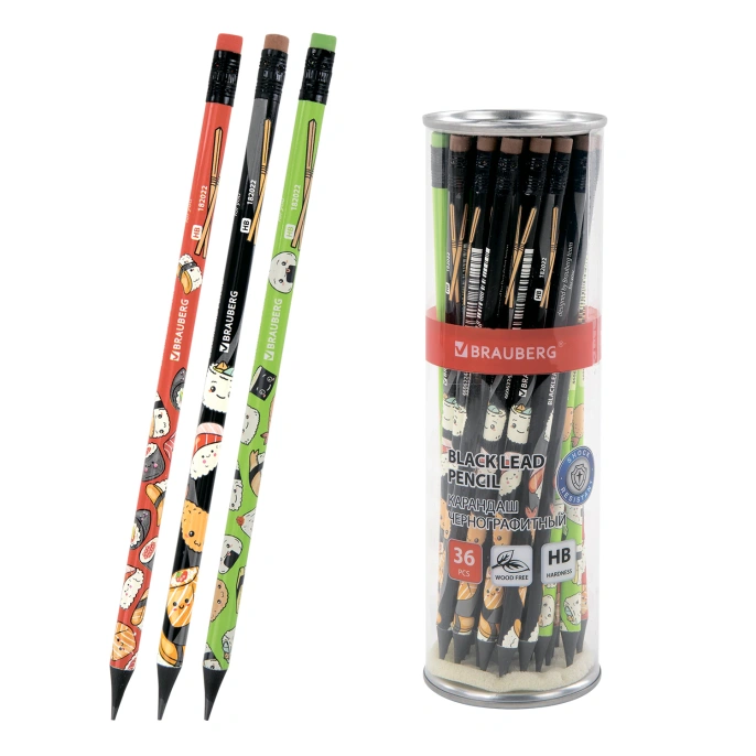 BRAUBERG "JAPAN FOOD" басып шығарылған қара графитті қарындаш, 1 дана, HB, өшіргішпен, ассорти корпусы, 182022