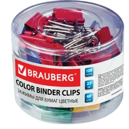 BRAUBERG қағаз қыстырғыштары, 48 дана, 25 мм, 100 парақ, түрлі-түсті, пластикалық цилиндрде, 221128