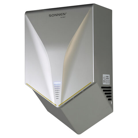 Сушилка для рук ВЫСОКОСКОРОСТНАЯ SONNEN HSD-A1011, 1000 Вт, 90м/с, IPX4, пластик, серебристая, 701867