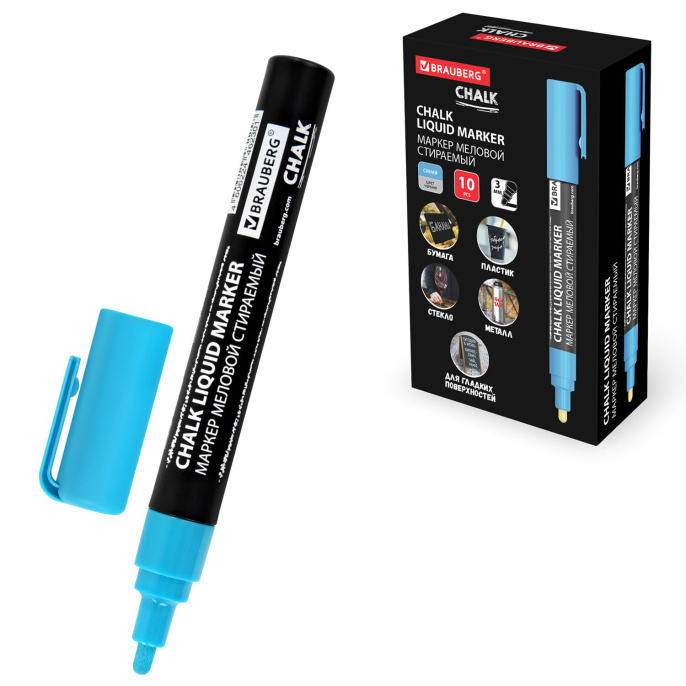 Маркер меловой CHALK LIQUID MARKER, СИНИЙ, 3 мм, стираемый, BRAUBERG "CHALK", 152592