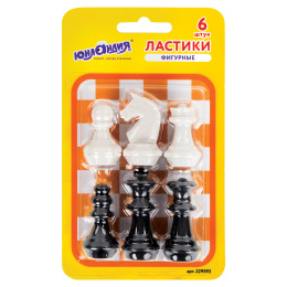 Ластики фигурные ЮНЛАНДИЯ "Шахматы" НАБОР 6 шт., черно-белые, 229593.