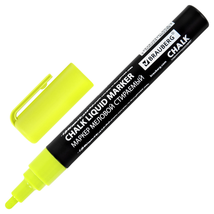 Маркер меловой CHALK LIQUID MARKER, ЖЕЛТЫЙ, 3 мм, стираемый, BRAUBERG "CHALK", 152590
