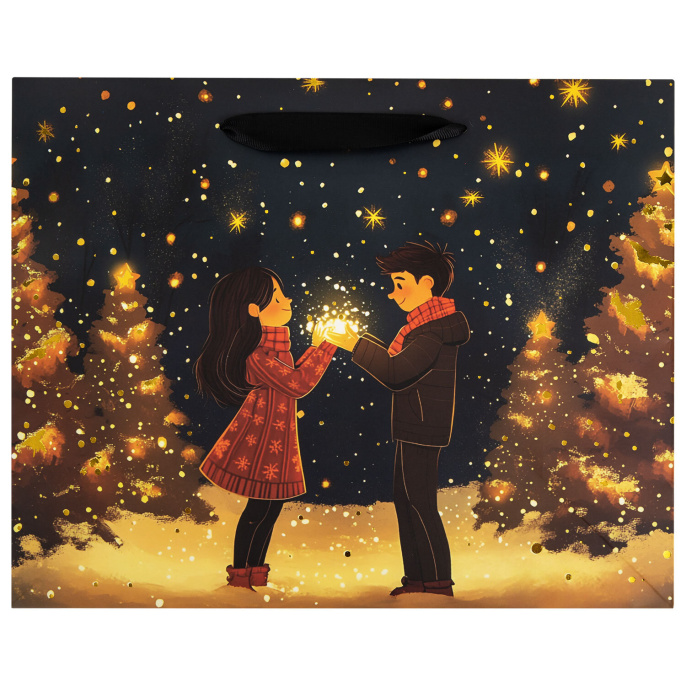 Пакет подарочный (1 шт.) новогодний, 26х13х32 см, "Love story", фольга, ассорти, ЗОЛОТАЯ СКАЗКА, 592445