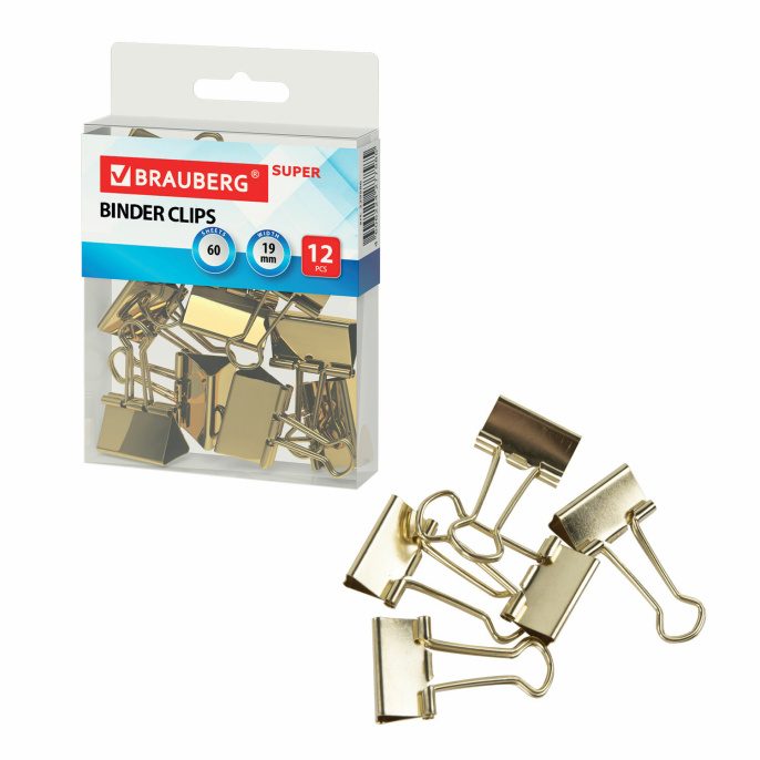 BRAUBERG EXTRA қағаз қыстырғыштары, 12 дана, 19 мм, 60 л, алтын, Еуро суспензия, 229586
