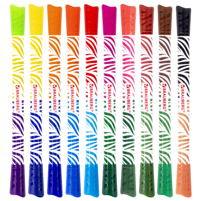 Фломастеры двусторонние утолщенные BRAUBERG "PREMIUM" "BI-COLOR", 10 шт., 20 цветов, двухцветные, вентилируемый колпачок, 151945