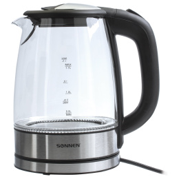 SONNEN KT-1788 шәйнегі, 1,7 л, 2200 Вт, жабық қыздыру элементі, шыны, қара, артқы жарық, 454349