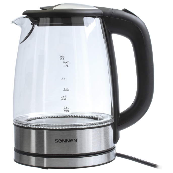 SONNEN KT-1788 шәйнегі, 1,7 л, 2200 Вт, жабық қыздыру элементі, шыны, қара, артқы жарық, 454349