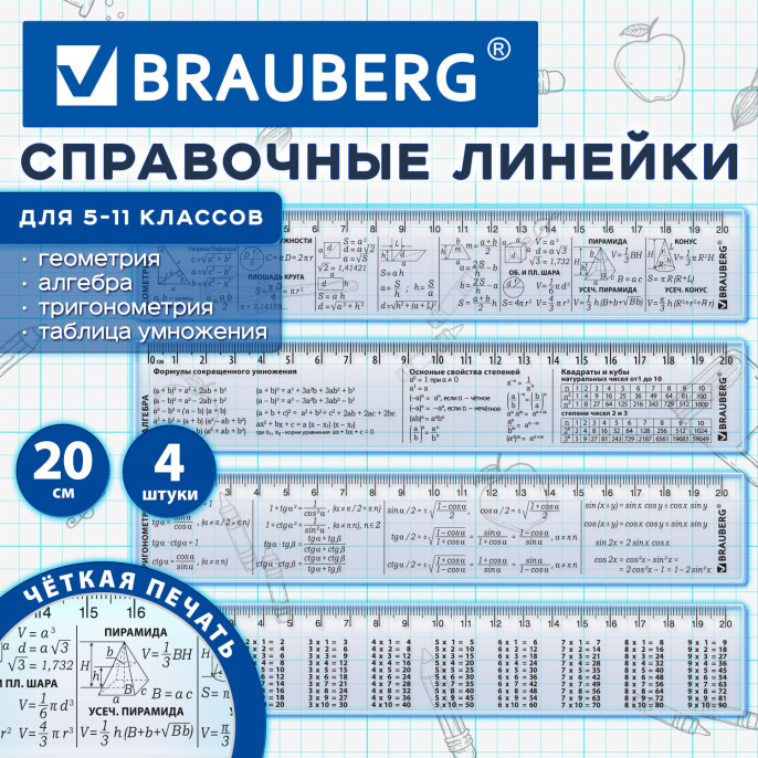 Пластикалық сызғыштар 20 см BRAUBERG анықтамалық жинағы 4 дана, 5-11 сыныптарға арналған, қарындаш қорап, 210894
