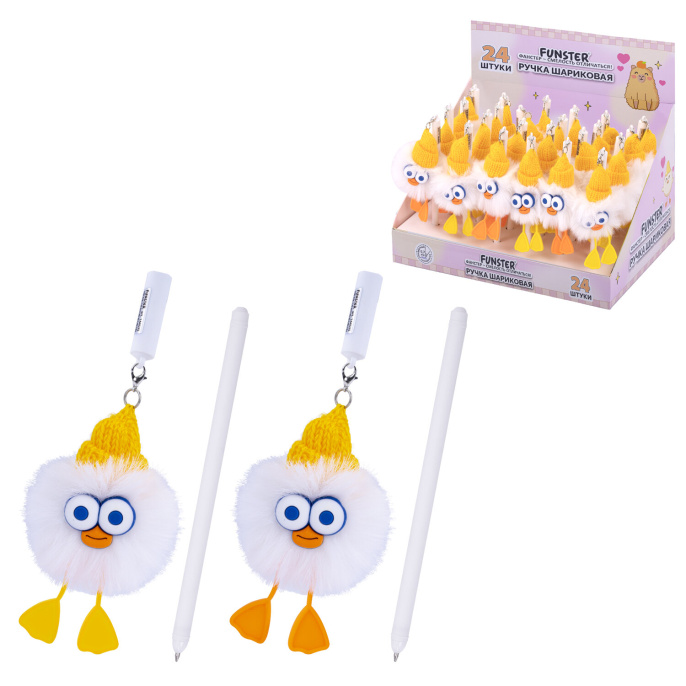 Ручка с пушистой подвеской шариковая FUNSTER (ФАНСТЕР) "FLUFFY DUCK", СИНЯЯ, ассорти, пишущий узел 0,7 мм, 144525