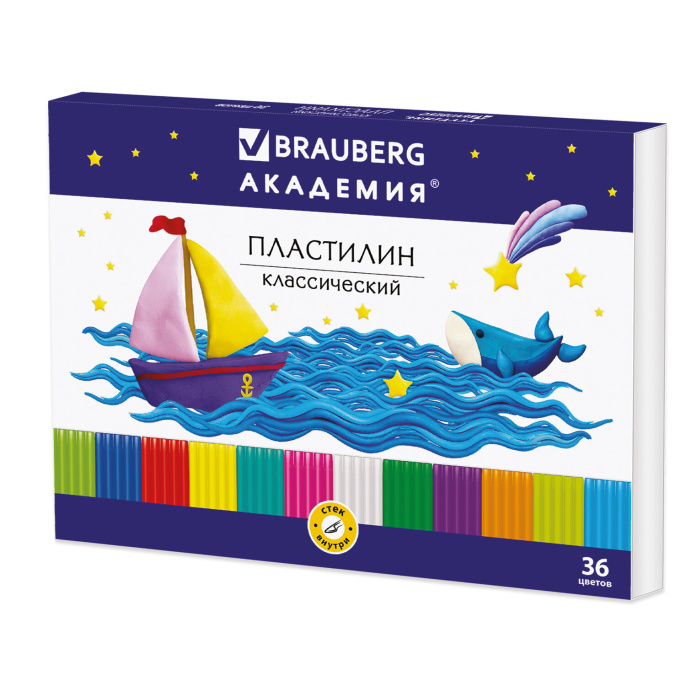 Пластилин классический BRAUBERG "АКАДЕМИЯ", 36 цветов, 720 г, со стеком, ВЫСШЕЕ КАЧЕСТВО, 105901.