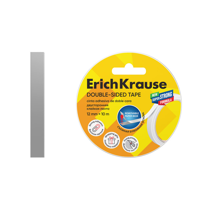 Двусторонняя клейкая лента ErichKrause 12ммх10м, прозрачный (в коробке-дисплее по 24 шт.)
