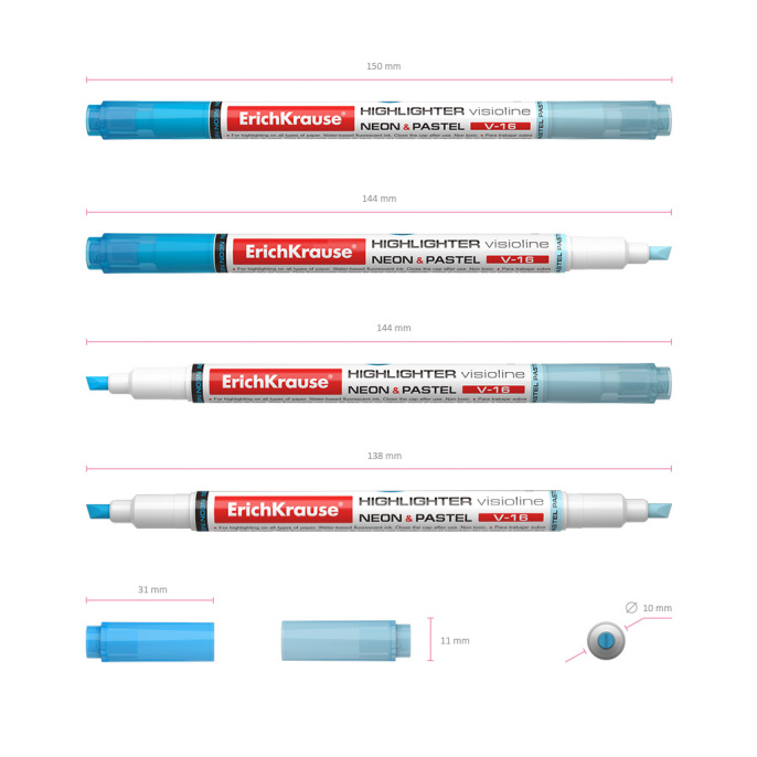 Двухсторонний маркер для выделения текста ErichKrause VisioLine® V-16 Неон и пастель, цвет чернил голубой (в коробке по 12 шт.)