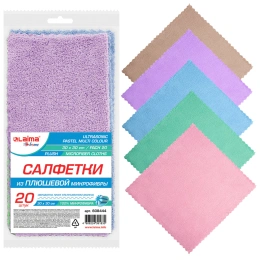 Салфетки из МИКРОФИБРЫ ПЛЮШЕВОЙ 30х30 см, КОМПЛЕКТ 20 шт., PASTEL, ассорти, 250 г/м2, LAIMA HOME, 608444