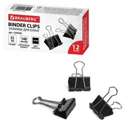 BRAUBERG қағаз қыстырғыштары, 12 дана, 32 мм, 140 парақ, қара, картон қорап, 220560