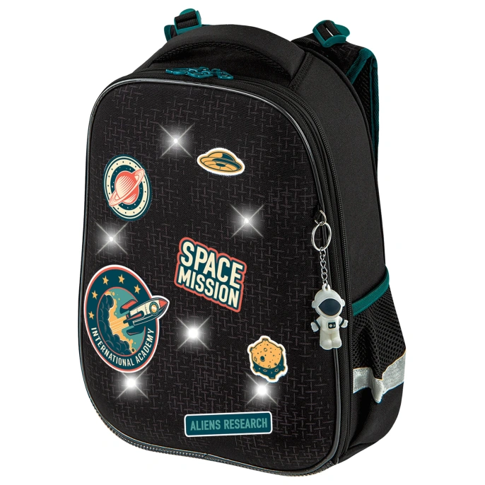 Ранец BRAUBERG PREMIUM, 2 отделения, с брелком, "Space mission", LED ЛАМПОЧКИ, 38х29х16 см, 270599