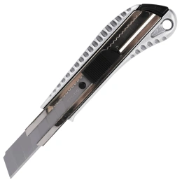 Кеңсе пышағы 18 мм BRAUBERG "Metallic", металл корпус (гофрленген), автофиксатор, блистер, 235401