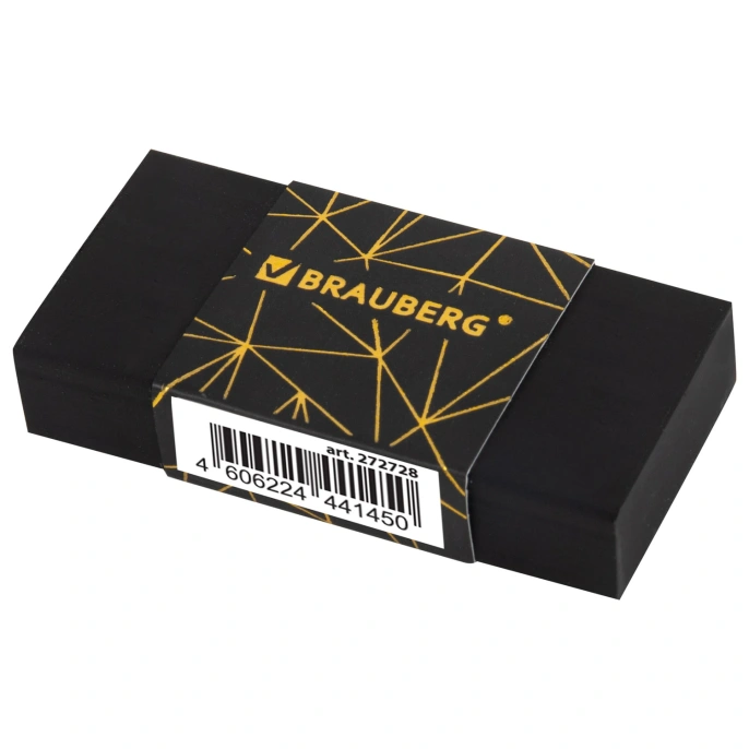 Ластик BRAUBERG "GOLDEN BLACK", 50х24х10 мм, прямоугольный, картонный держатель, экологичный ПВХ, ассорти, 272728