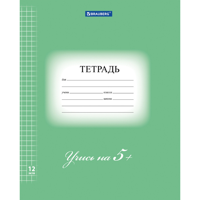 Тетрадь 12 л. BRAUBERG ЭКО "5-КА", клетка, обложка картон 170 г/м2, ЗЕЛЕНАЯ, 104759
