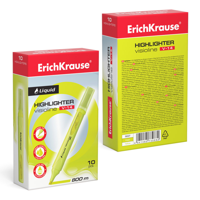 Маркер для выделения текста с жидкими чернилами ErichKrause VisioLine® V-14 Неон, цвет чернил желтый (в коробке по 10 шт.)