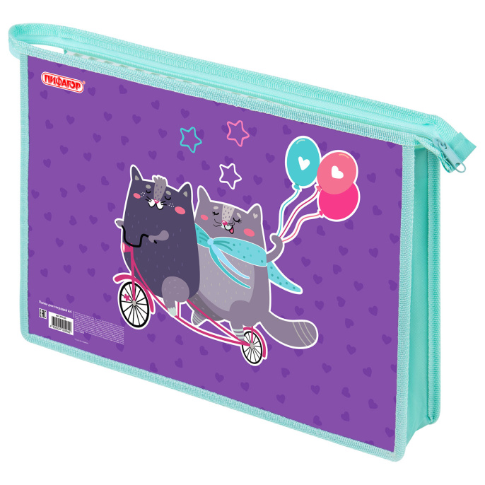 Папка для тетрадей ПИФАГОР А4, 1 отделение, картон/пластик, на молнии, "Bike cats", 272125