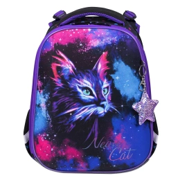 Ранец BRAUBERG PREMIUM, 2 отделения, с брелком, "Neon cat", 38х29х16 см, 271352