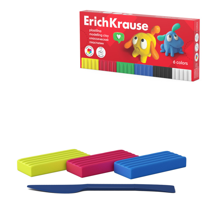 Пластилин классический ErichKrause Веселые друзья 6 цветов со стеком, 108 г (в коробке 6 шт)