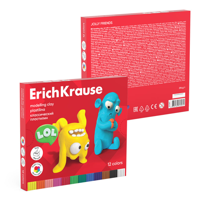 Пластилин классический ErichKrause Веселые друзья 12 цветов со стеком, 216 г (в коробке 12 шт)