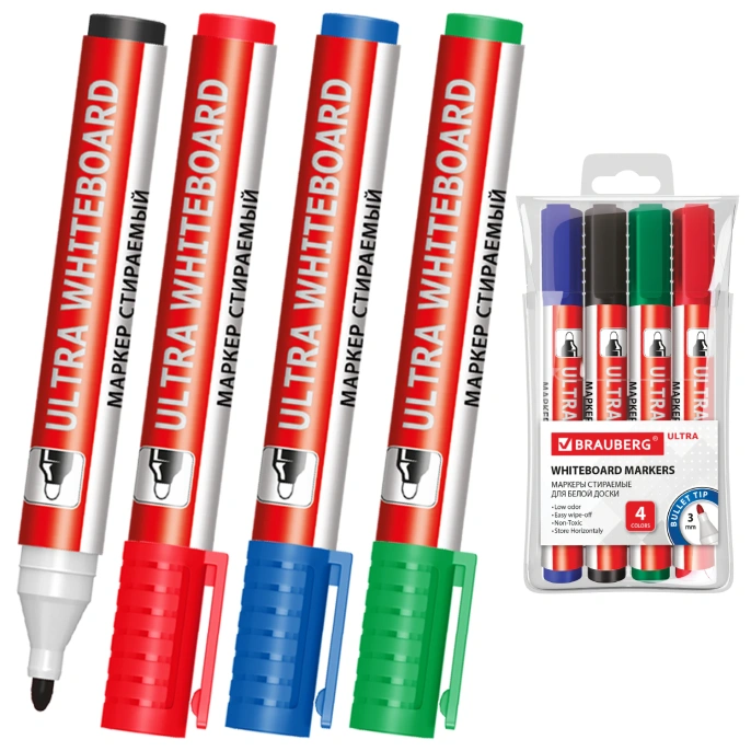 Маркеры стираемые для белой доски, НАБОР 4 ЦВЕТА, BRAUBERG "ULTRA WHITEBOARD MARKER", 3 мм, 152635