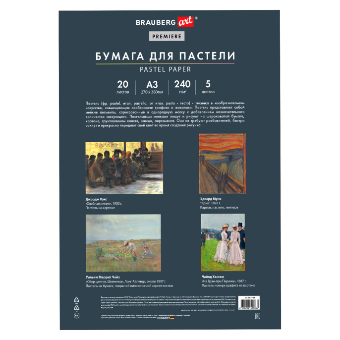 Бумага для пастели АБРАЗИВНАЯ А3 в папке, 20 листов, 5 цветов, 240 г/м2, BRAUBERG ART, 117764